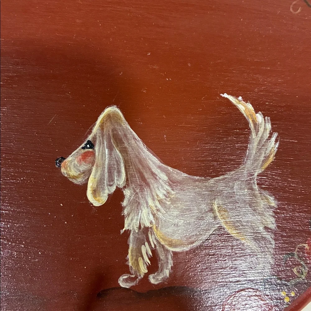 Tole Ware Coat Rack VTG Red Wall Decor W Brass Hooks Painted Colorful Dog Man